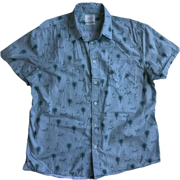 Billy Reid Shirt Mens XL Blue Short Sleeve Button Down Southwestern Mezcal Print - Picture 1 of 4